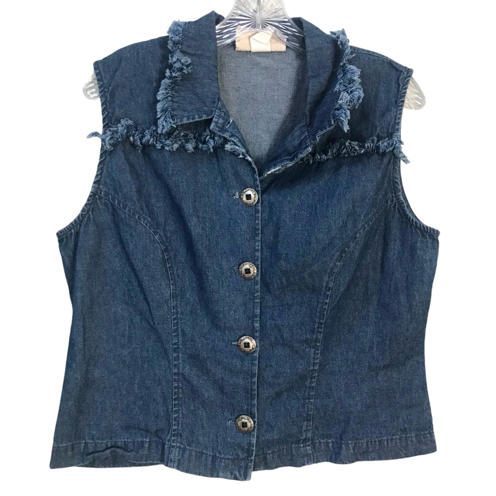 Vintage New Frontier Blue western denim Jean Sleeveless Shirt Vest L Made in USA